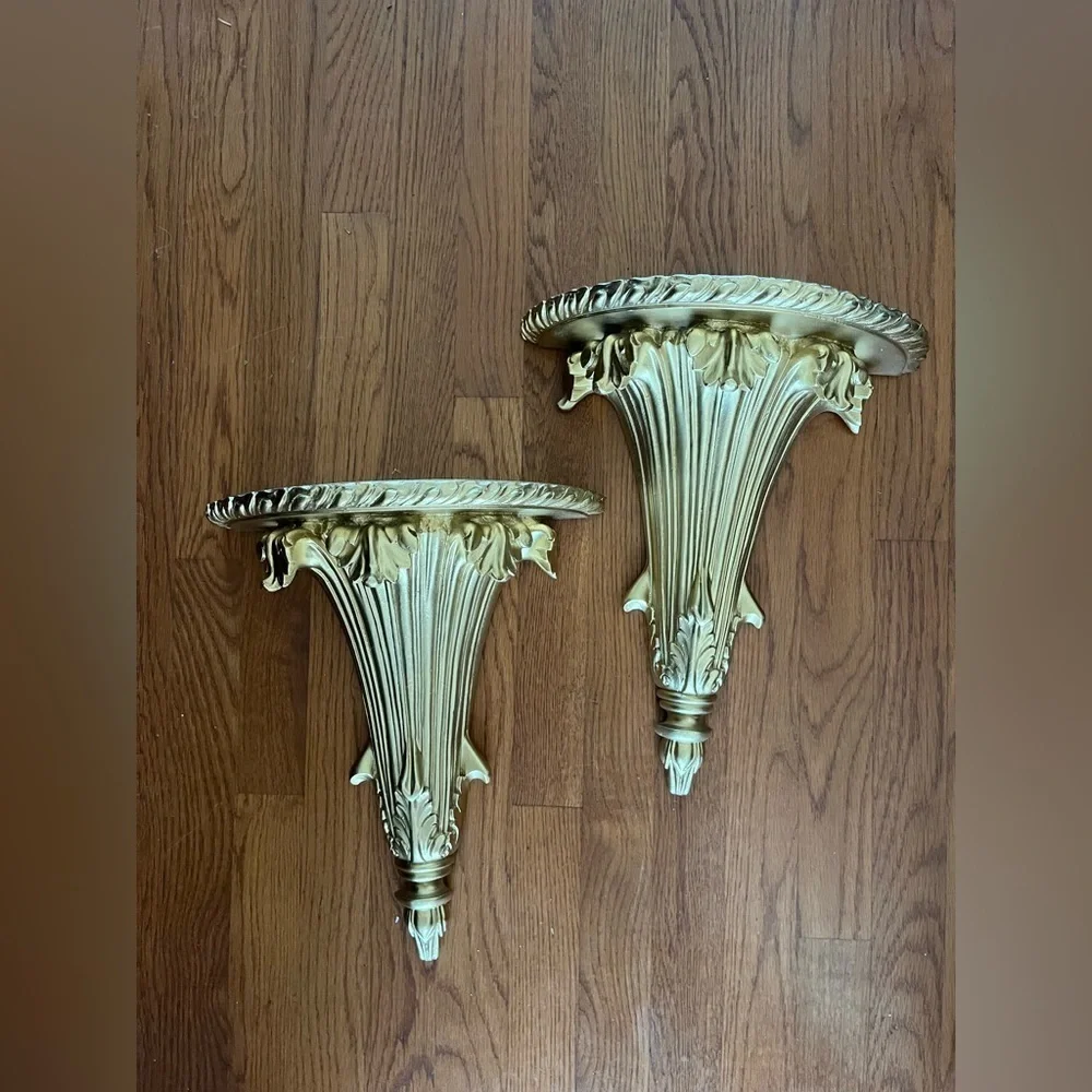 Vintage gold  flute shaped  sconces, display shelves shelf, sconces